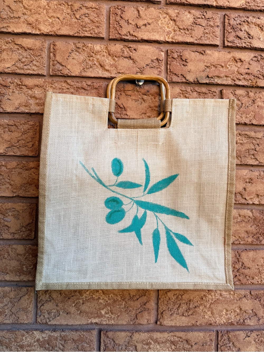 💫10/$25 • Boho Jute Market Bag with Bamboo Handles & Olive Branch Print